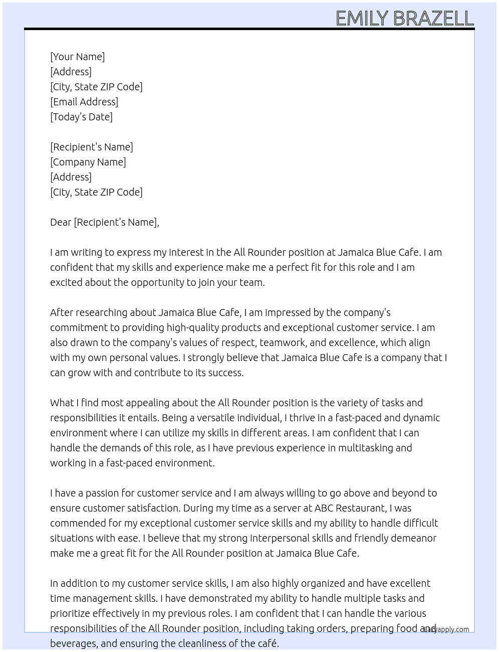 All Rounder Position At Jamaica Blue Cafe Cover Letter