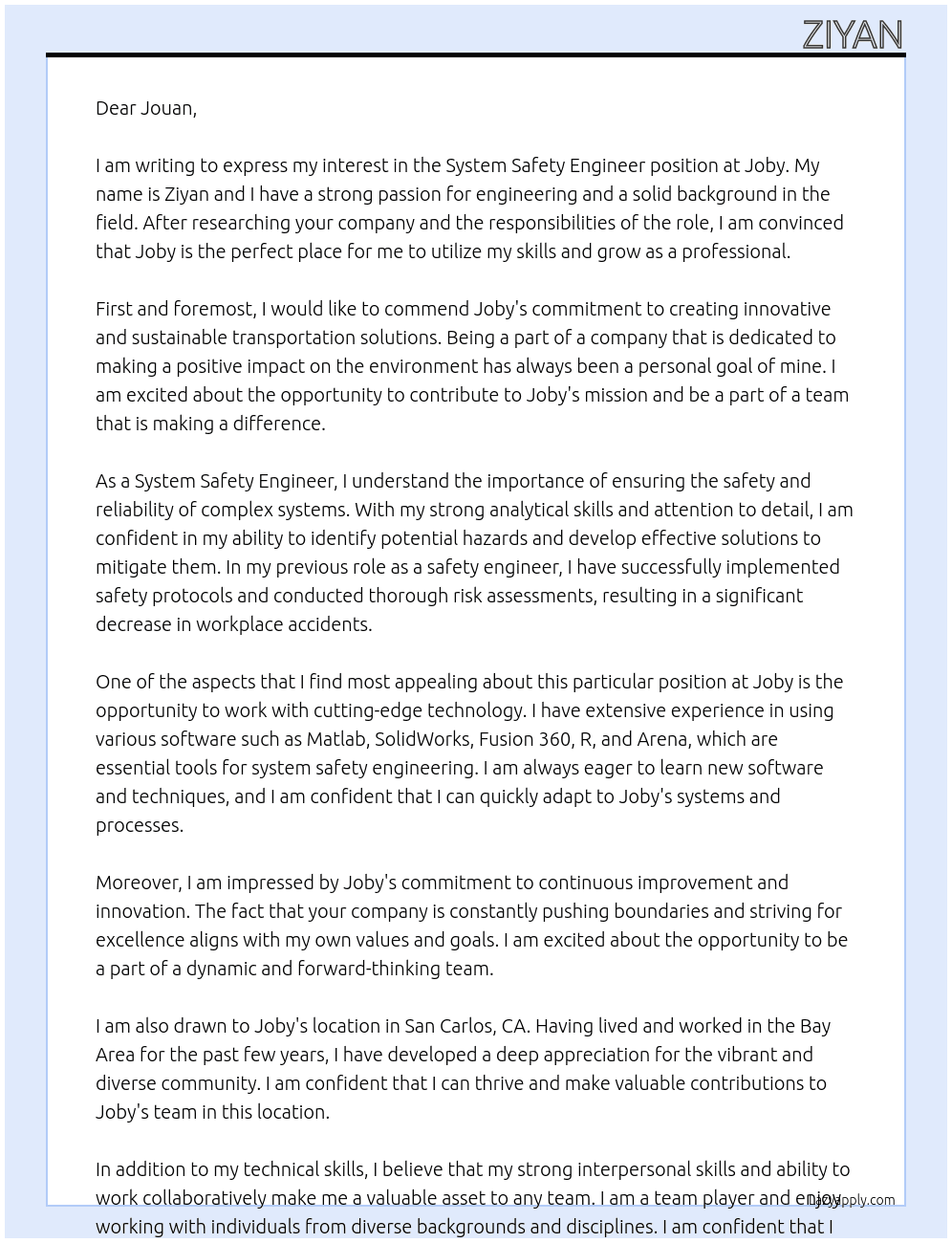 System Safety Engineer At Joby Cover Letter