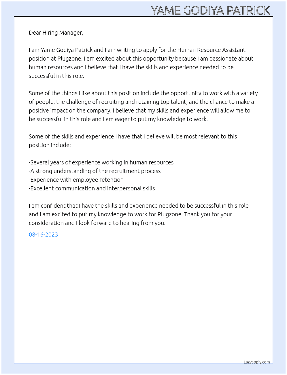 Human resource assistant At Plugzone Cover Letter