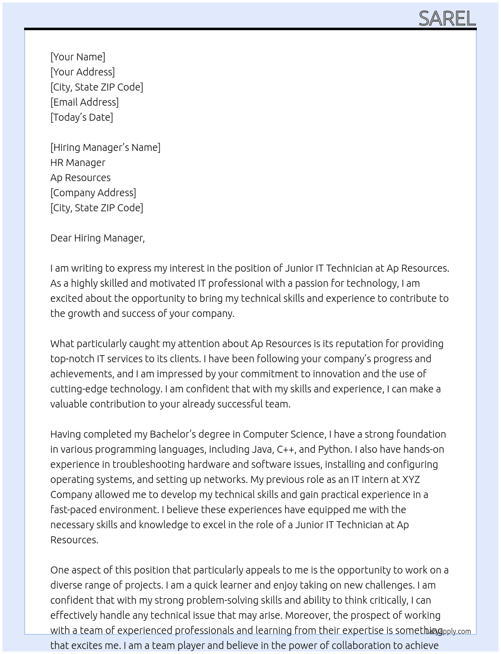Junior IT Technician  At Ap Resources  Cover Letter