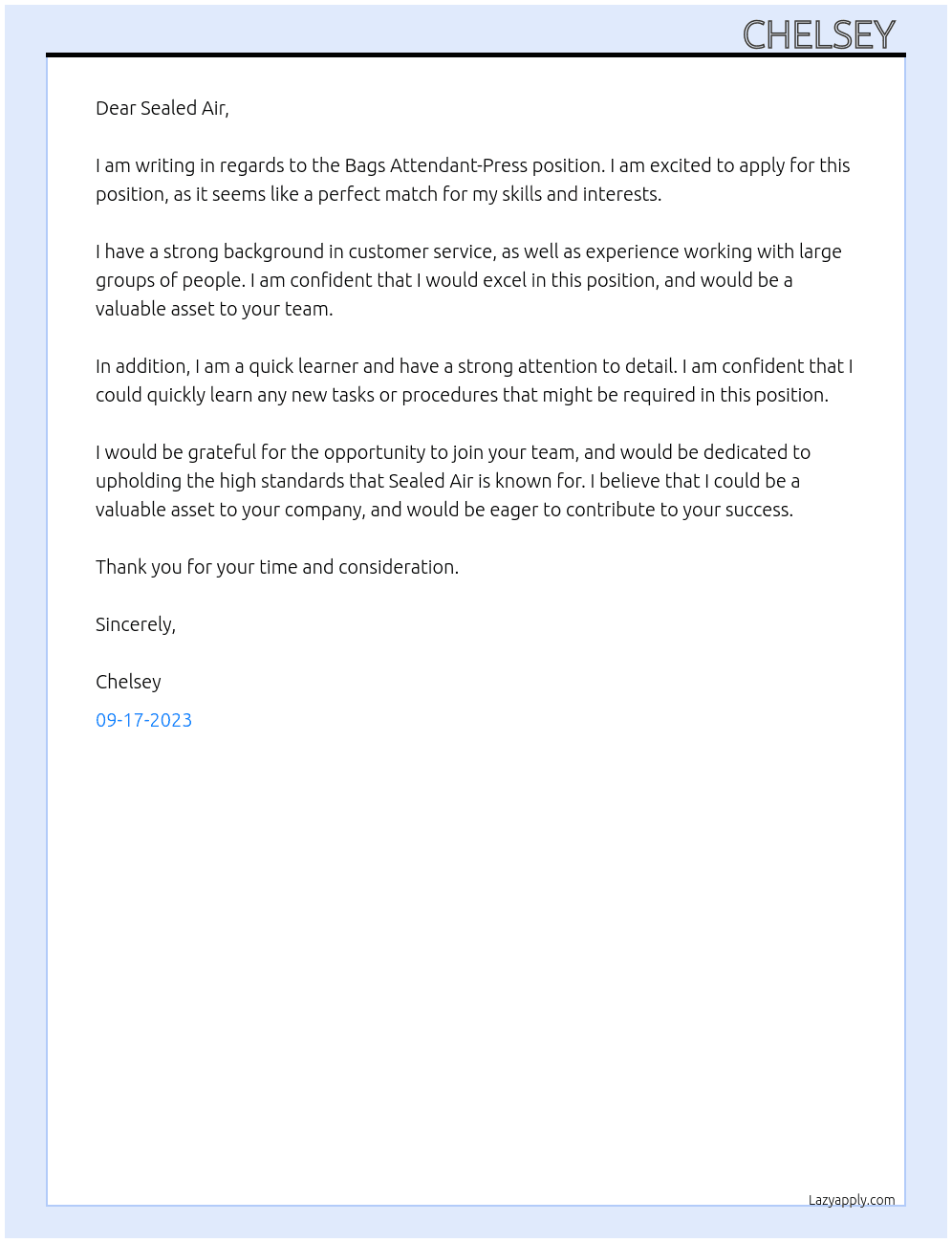 Bags Attendant-Press At Sealed Air  Cover Letter