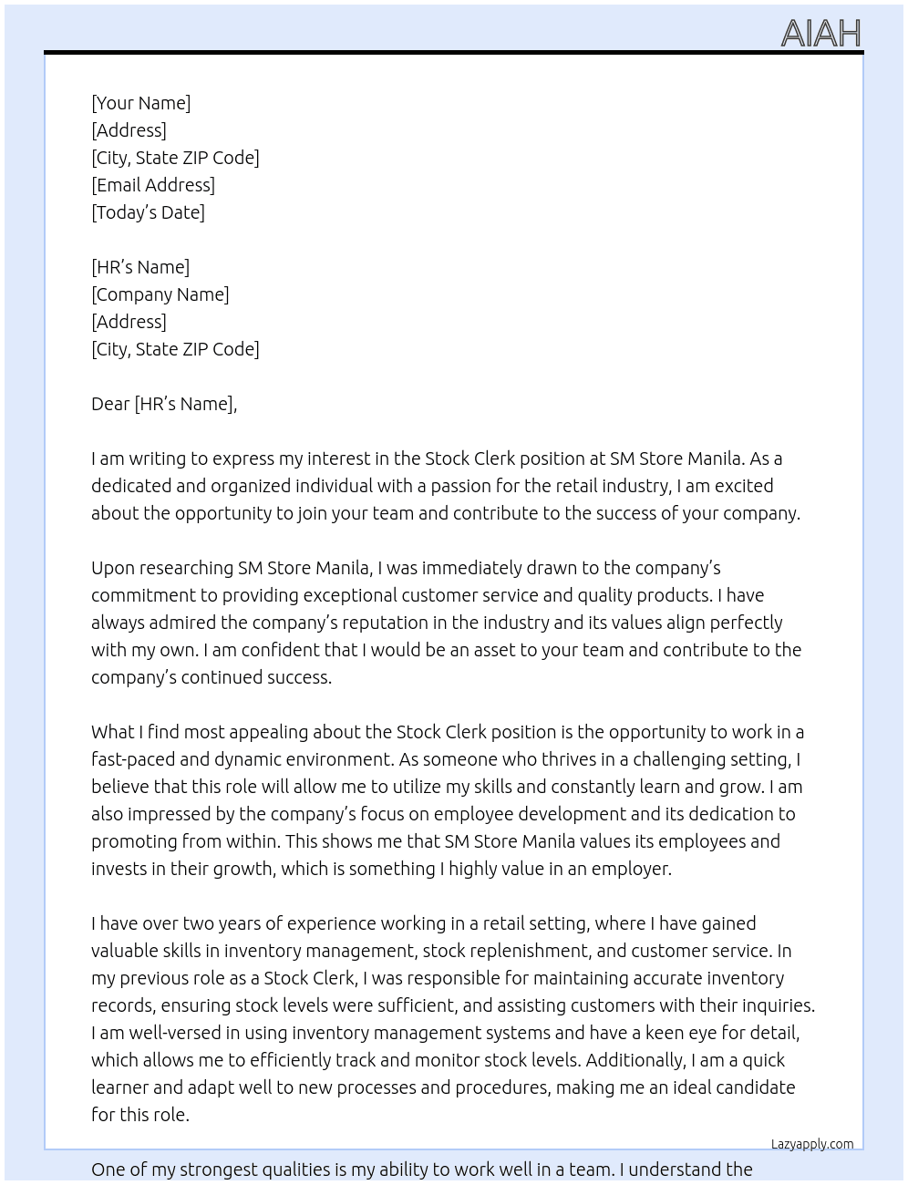 Stock Clerk At SM Store Manila Cover Letter