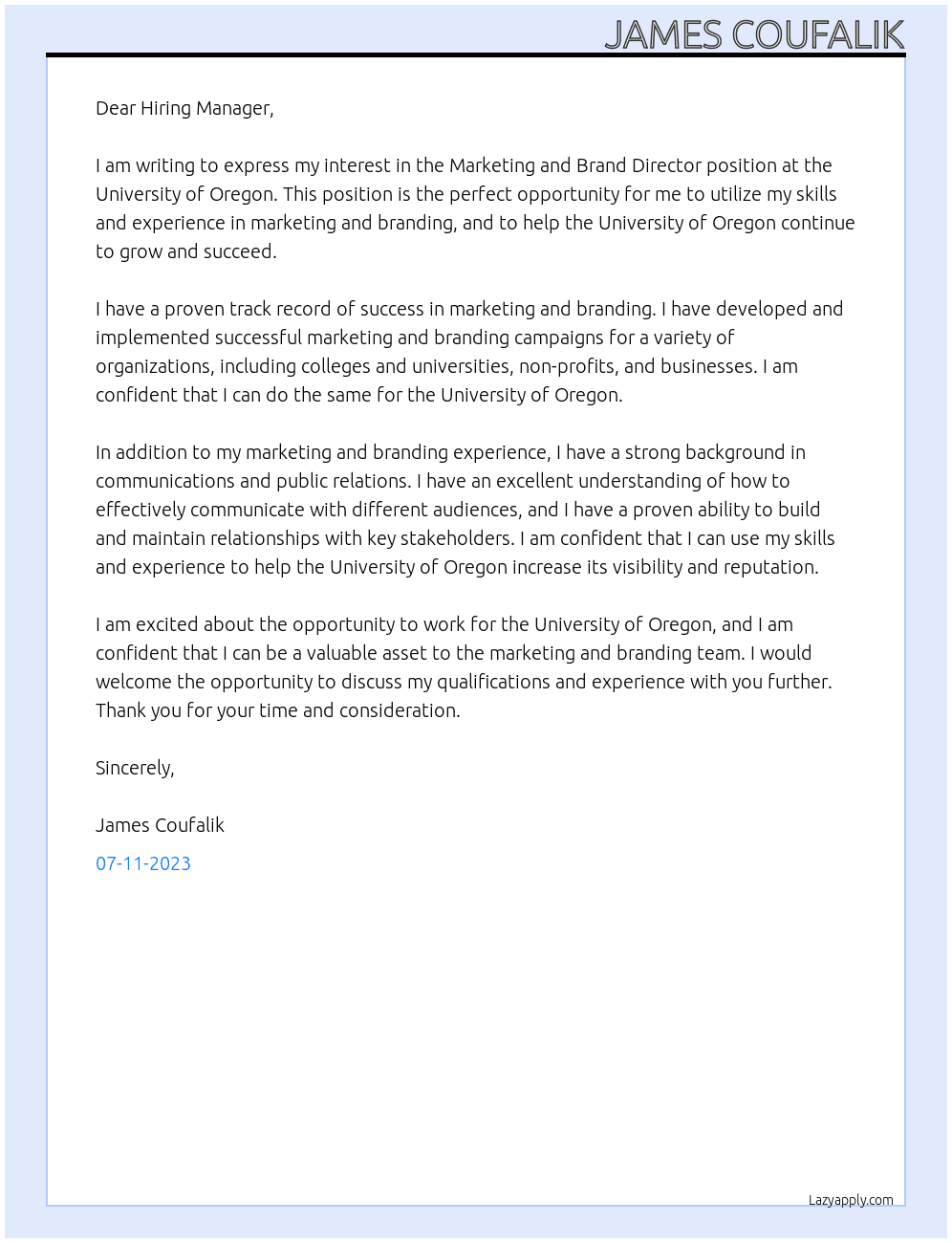 Marketing and Brand Director At University of Oregom Cover Letter