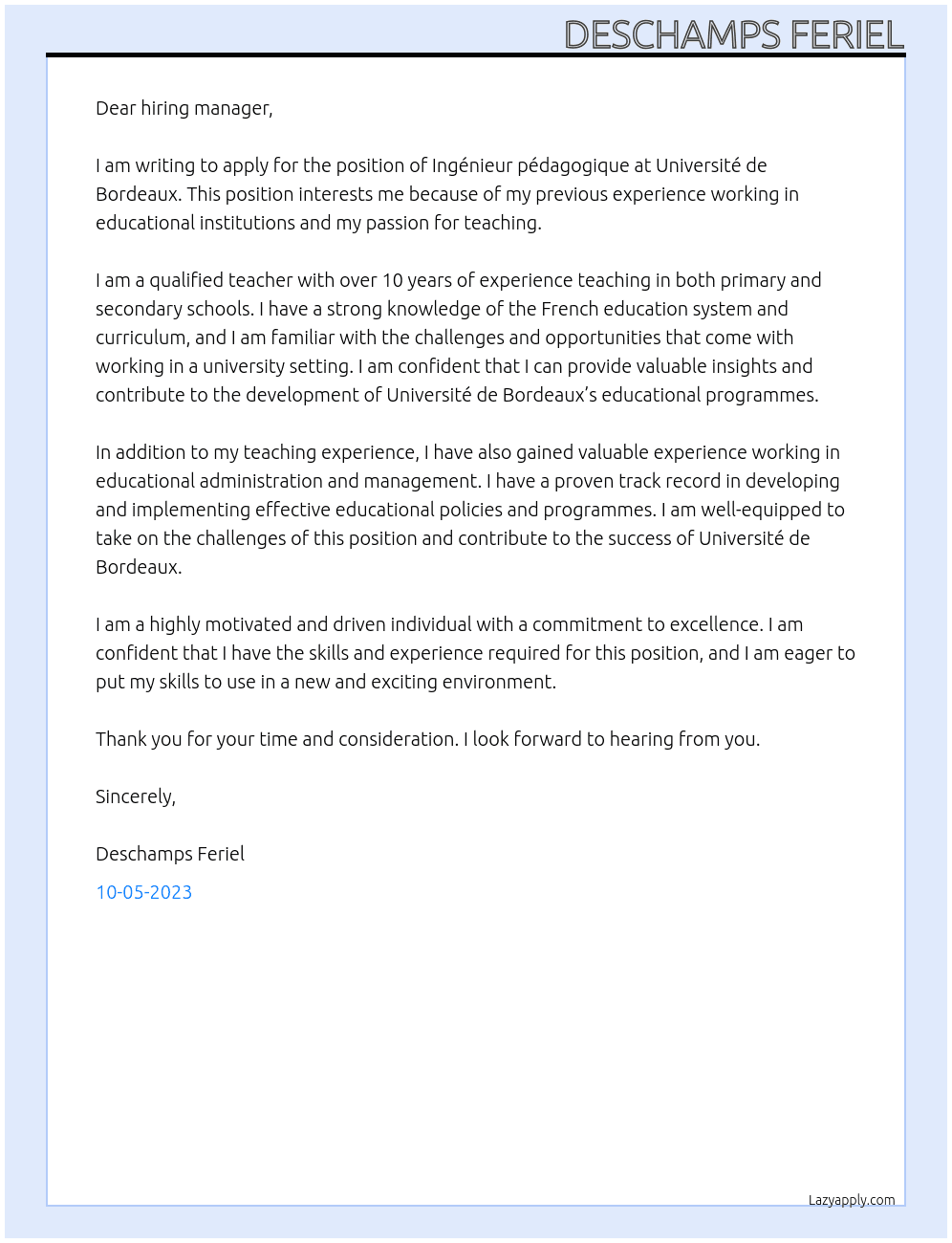 Ingénieur pédagogique At Université de Bordeaux Cover Letter