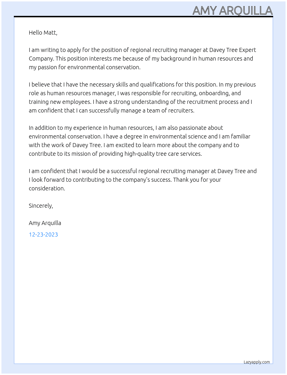 regional recruiting manager  At Davey Tree Expert Company Cover Letter