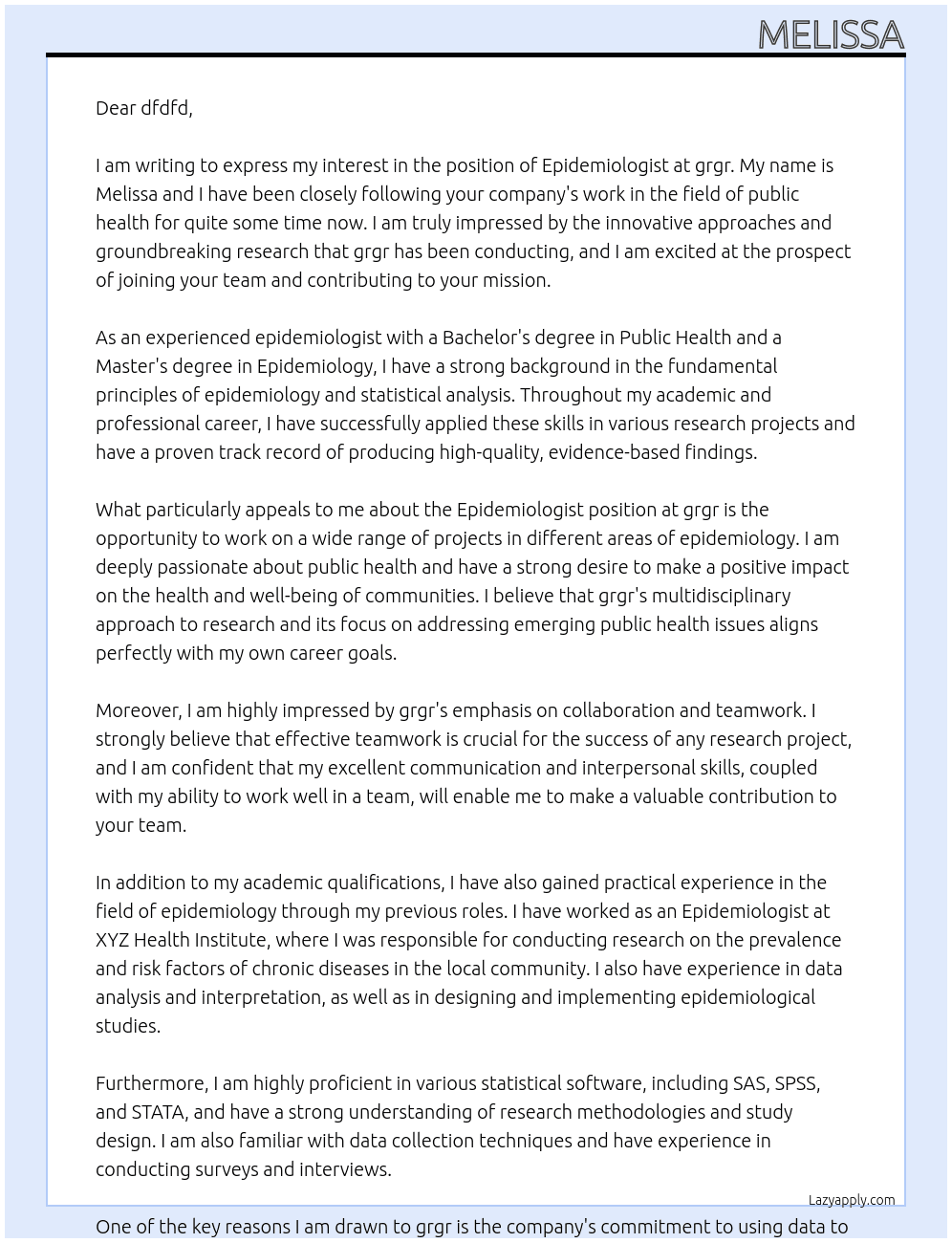 epidemiologist At grgr Cover Letter