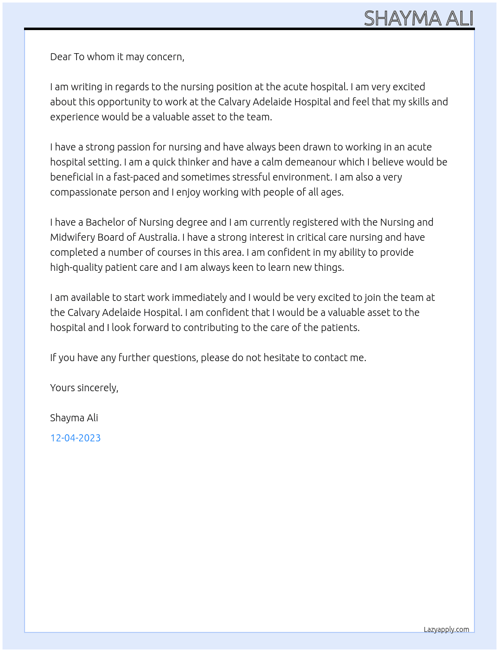 nursing cover letter for an acute hospital  At Calvary Adelaide Hospital  Cover Letter