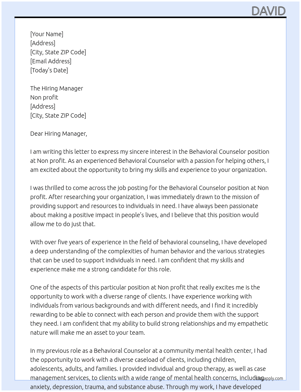 Behavioral Counselor At Non profit Cover Letter