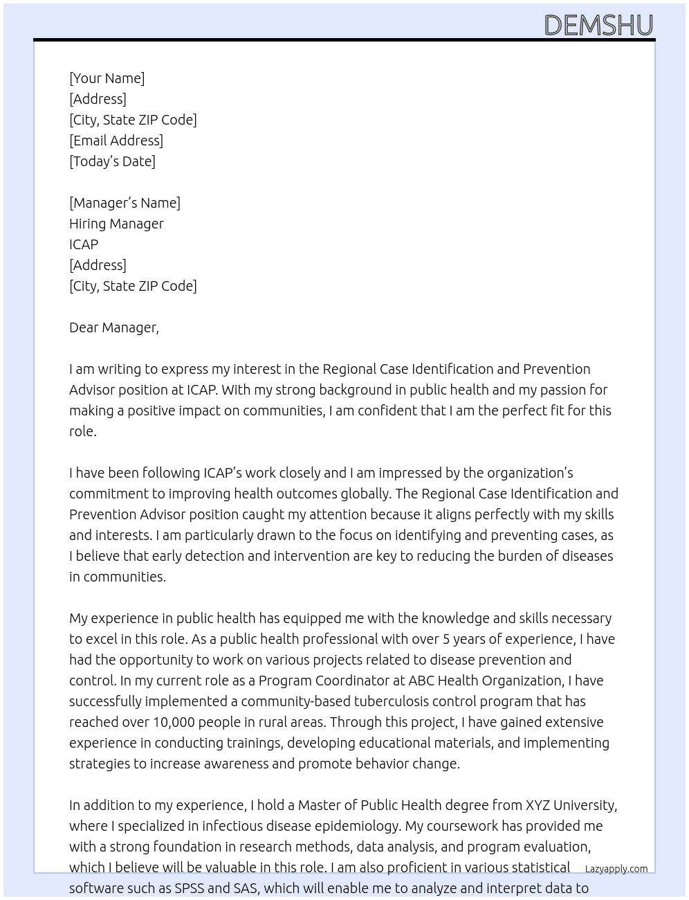 Regional Case identification and Prevention Advisor At ICAP Cover Letter