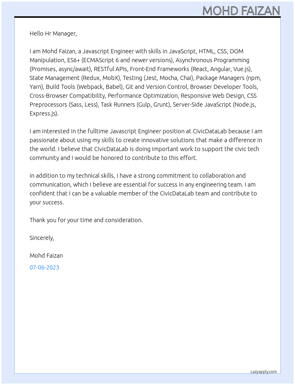 Javascript Engineer At CivicDataLab Cover Letter