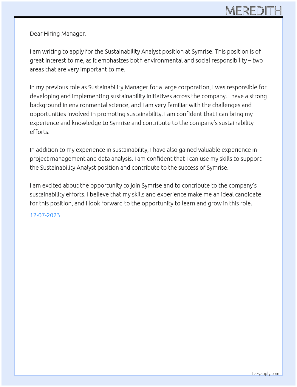 Sustainability Analyst At Symrise Cover Letter