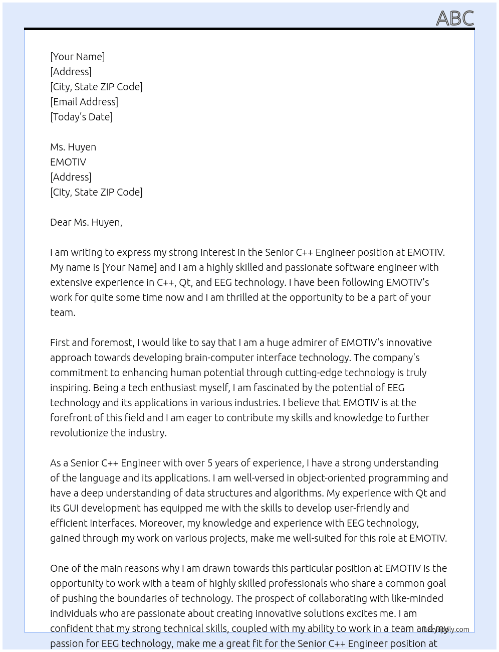 Senior C++ Engineer At EMOTIV Cover Letter