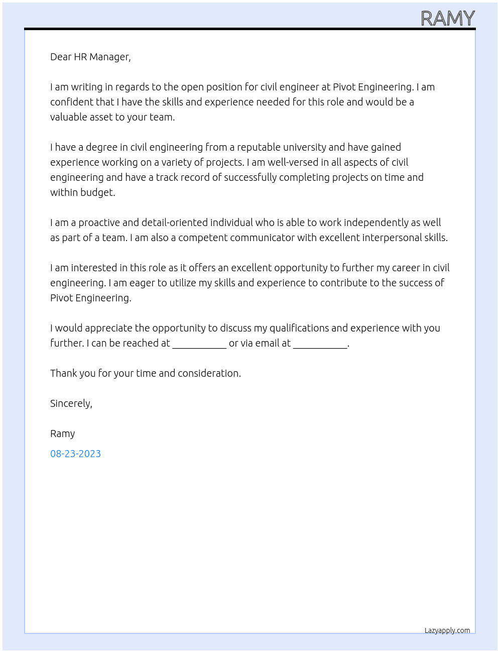 Civil Engineer At Pivot Engineering  Cover Letter
