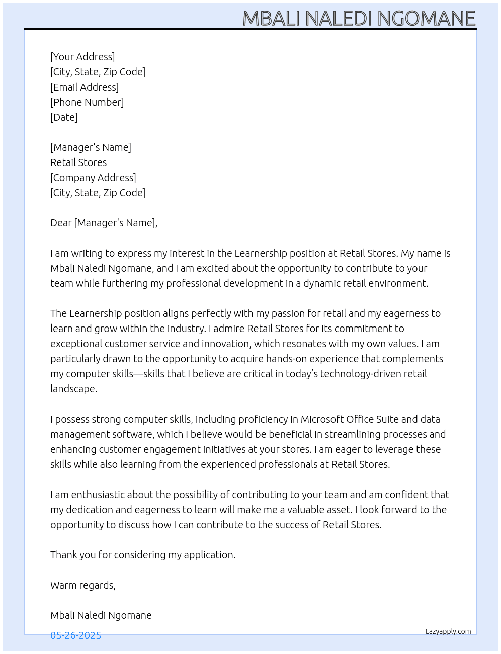Learnership  At Retail stores  Cover Letter