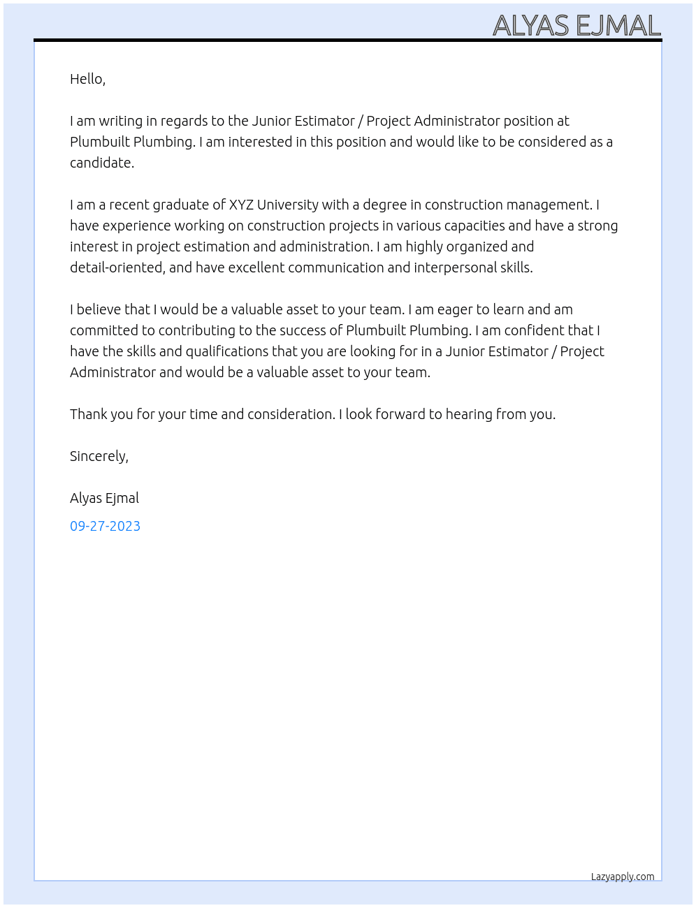 Junior Estimator / Project Administrator At Plumbuilt Plumbing Cover Letter
