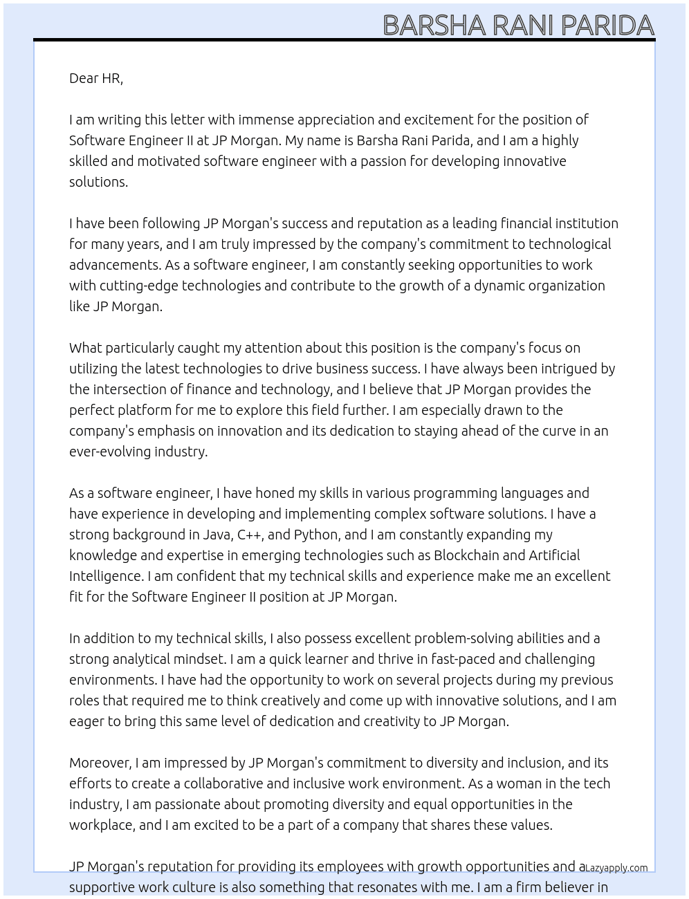 Software Engineer II At JP Morgan  Cover Letter