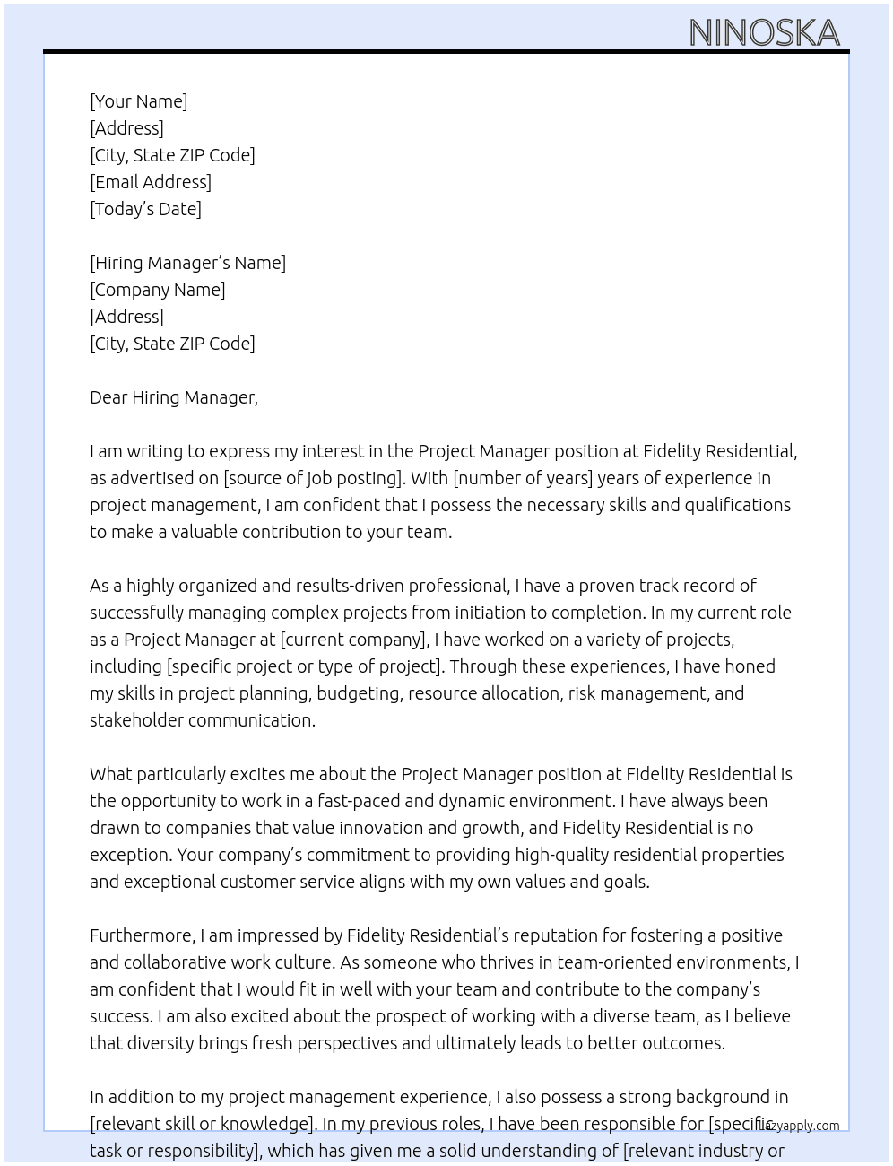Project Manager At Fidelity Residential  Cover Letter