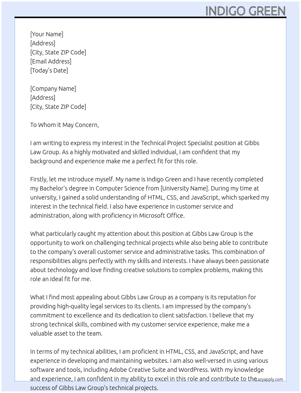 Technical Project Specialist At Gibbs Law Group Cover Letter