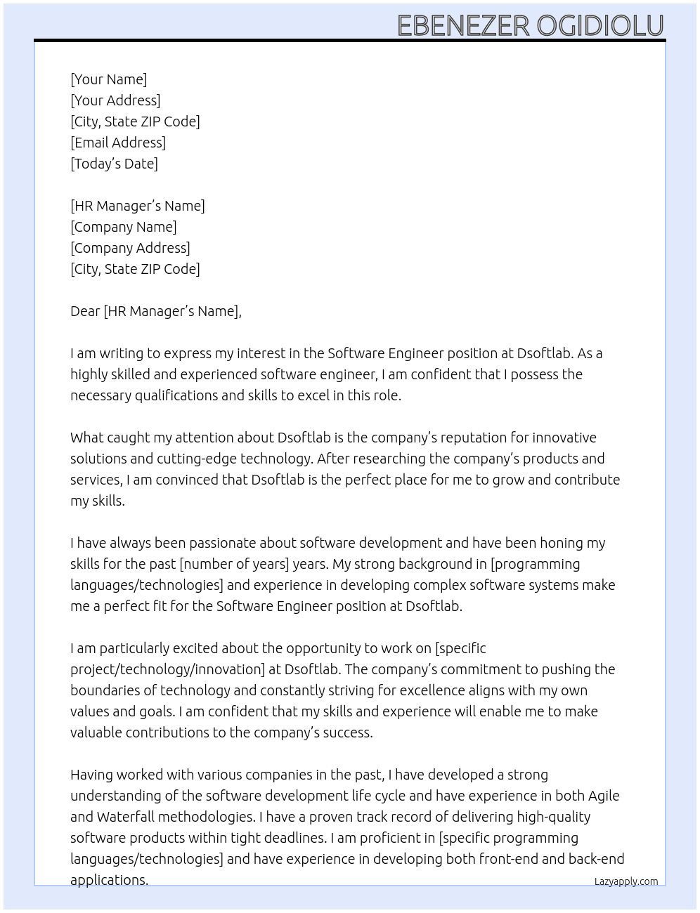Software Engineer At Dsoftlab Cover Letter