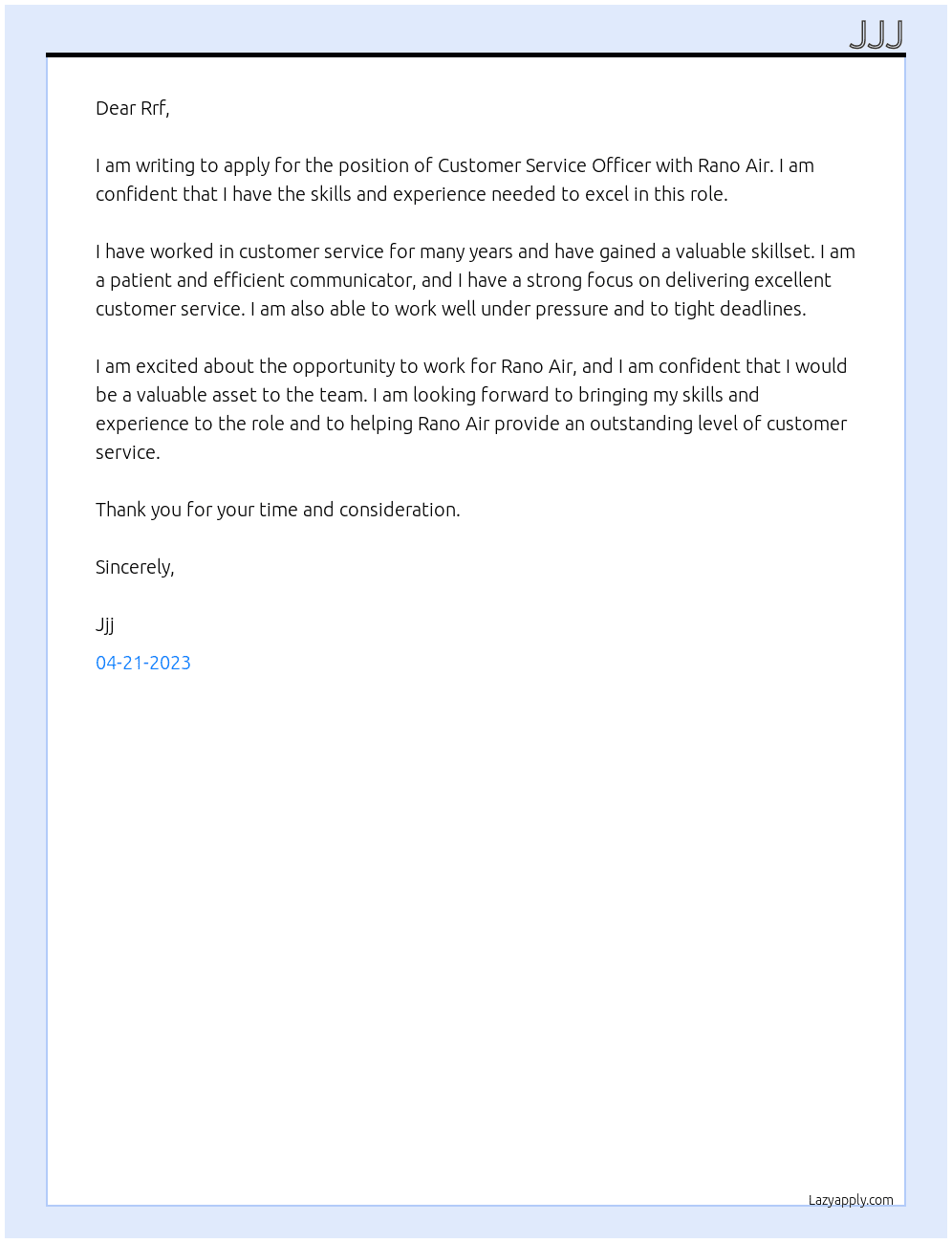 Customer service officer  At Rano air Cover Letter