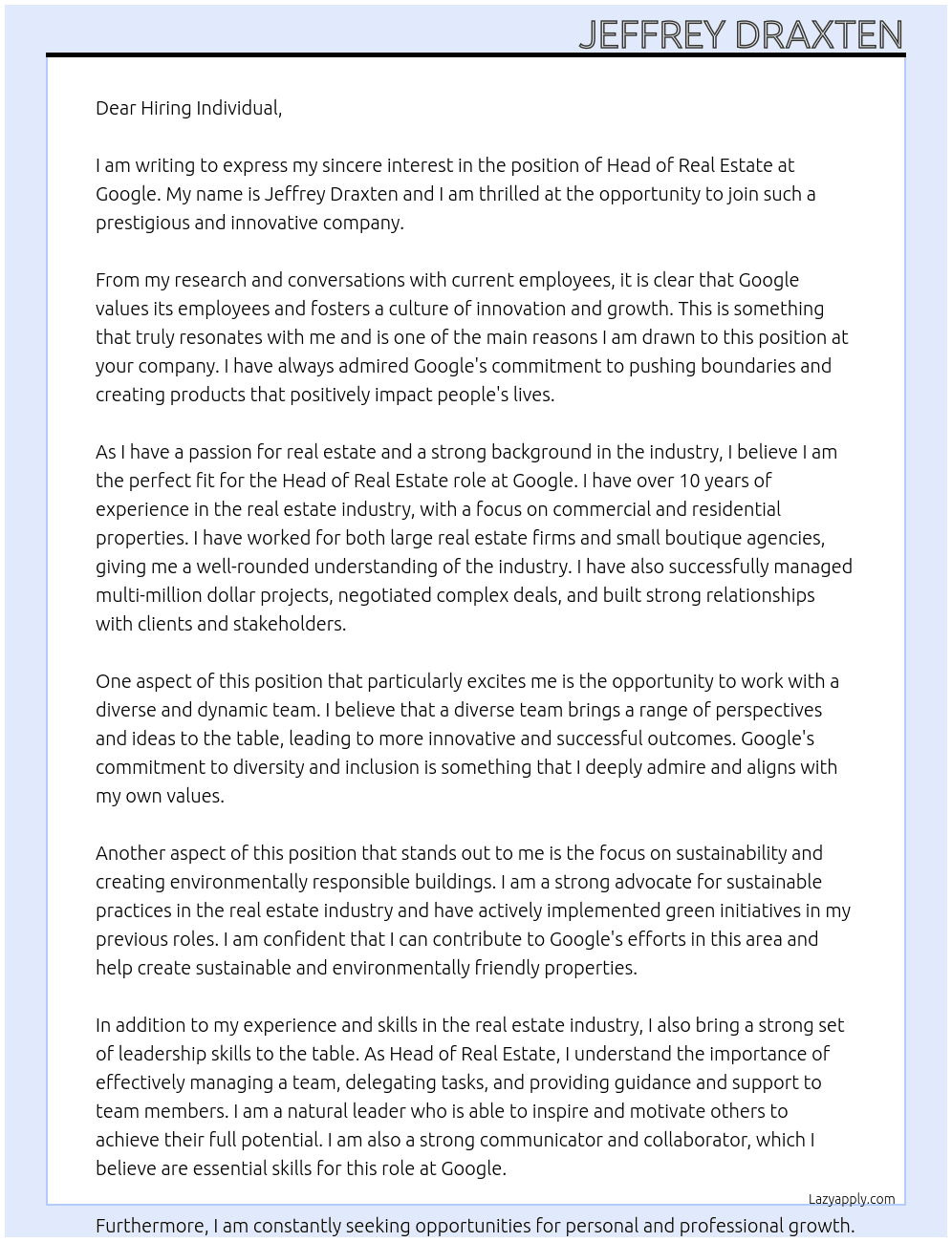 Cover letter for head of real estate - LazyApply