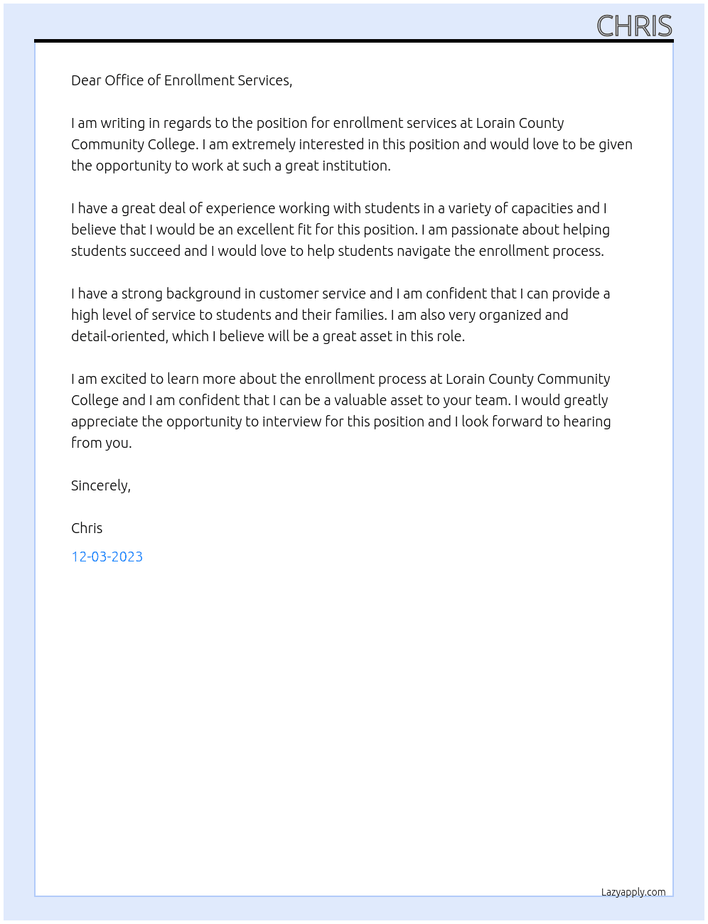 enrollment services At Lorain County Community College Cover Letter