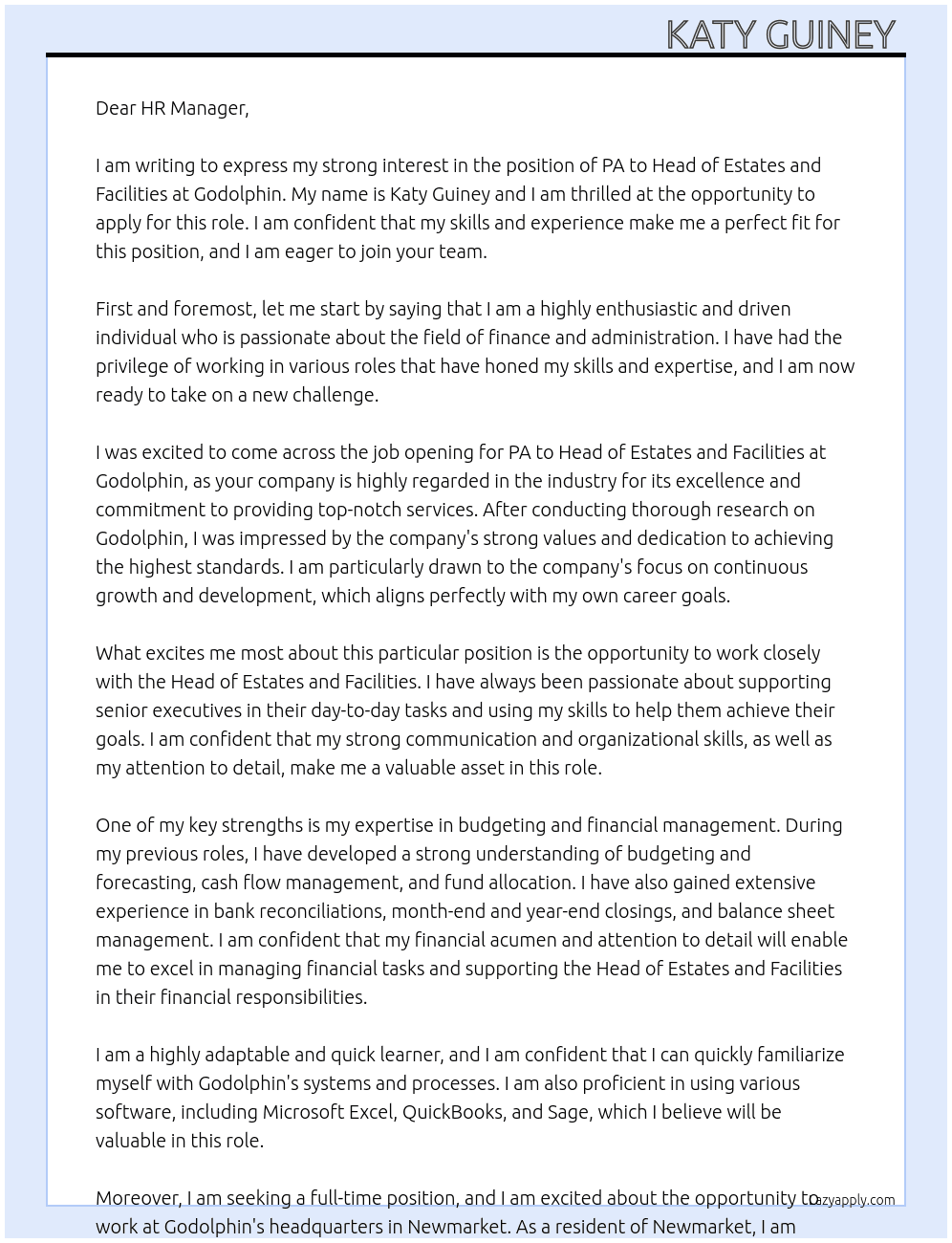 PA to head of estates and facilities  At Godophin  Cover Letter
