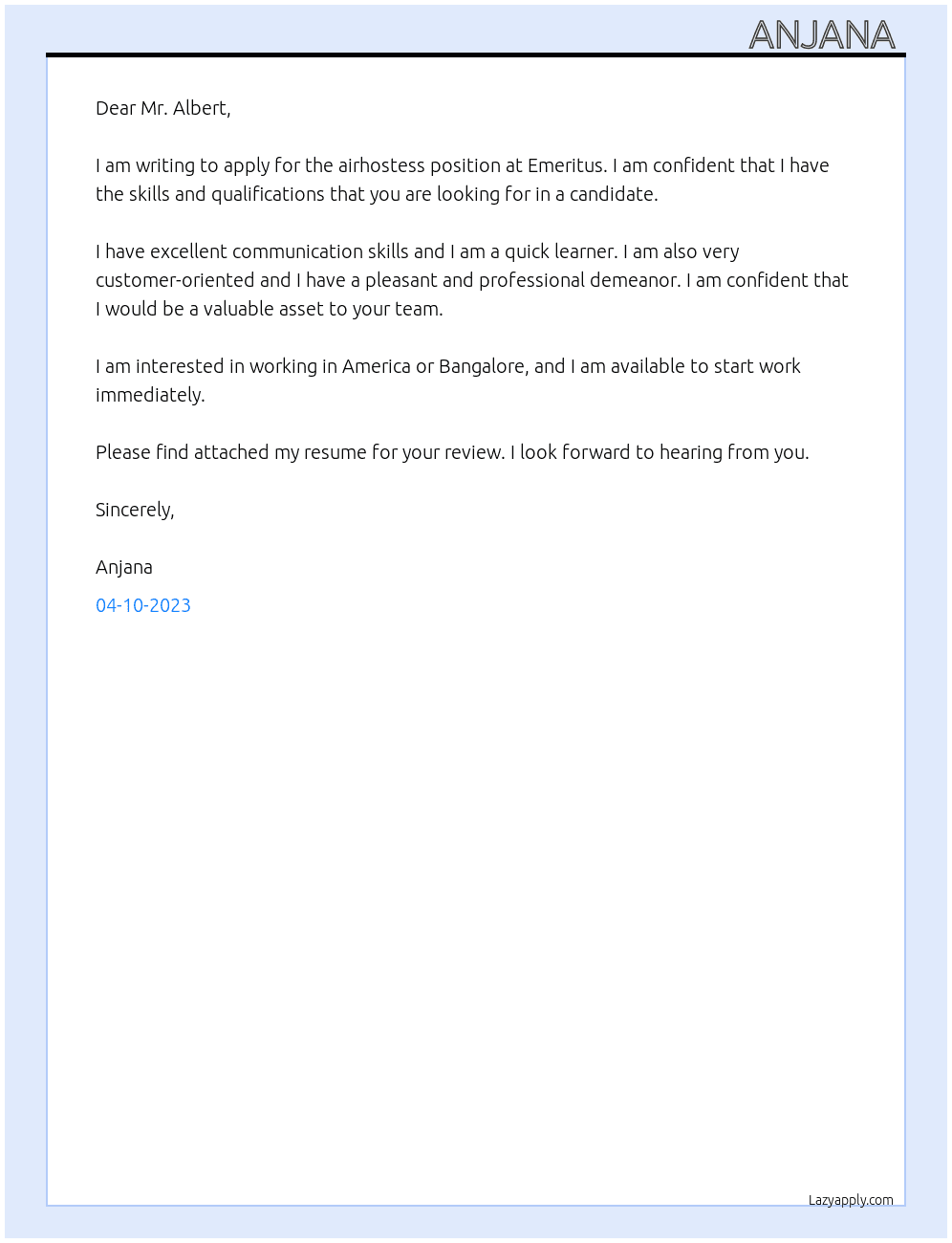 Application for the airhostess  At Emeritus  Cover Letter