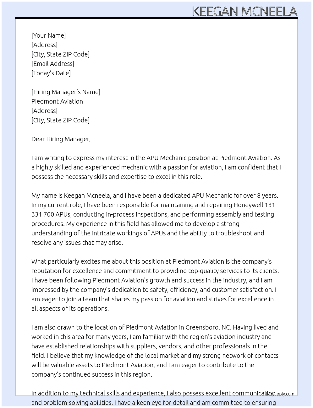 APU Mechanic At Piedmont Aviation Cover Letter