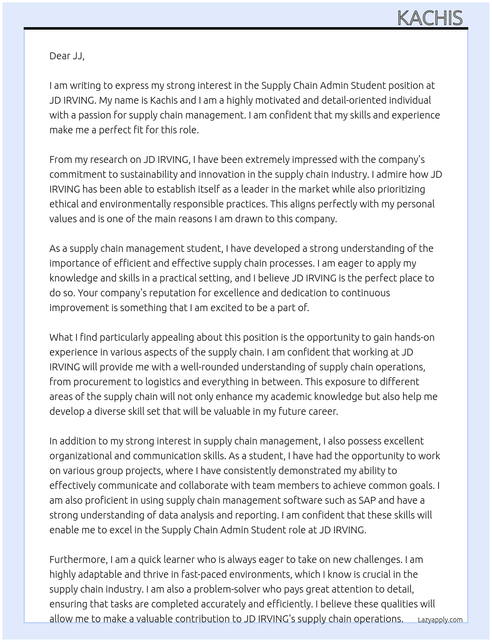 Supply chain admin student  At JD IRIVING  Cover Letter