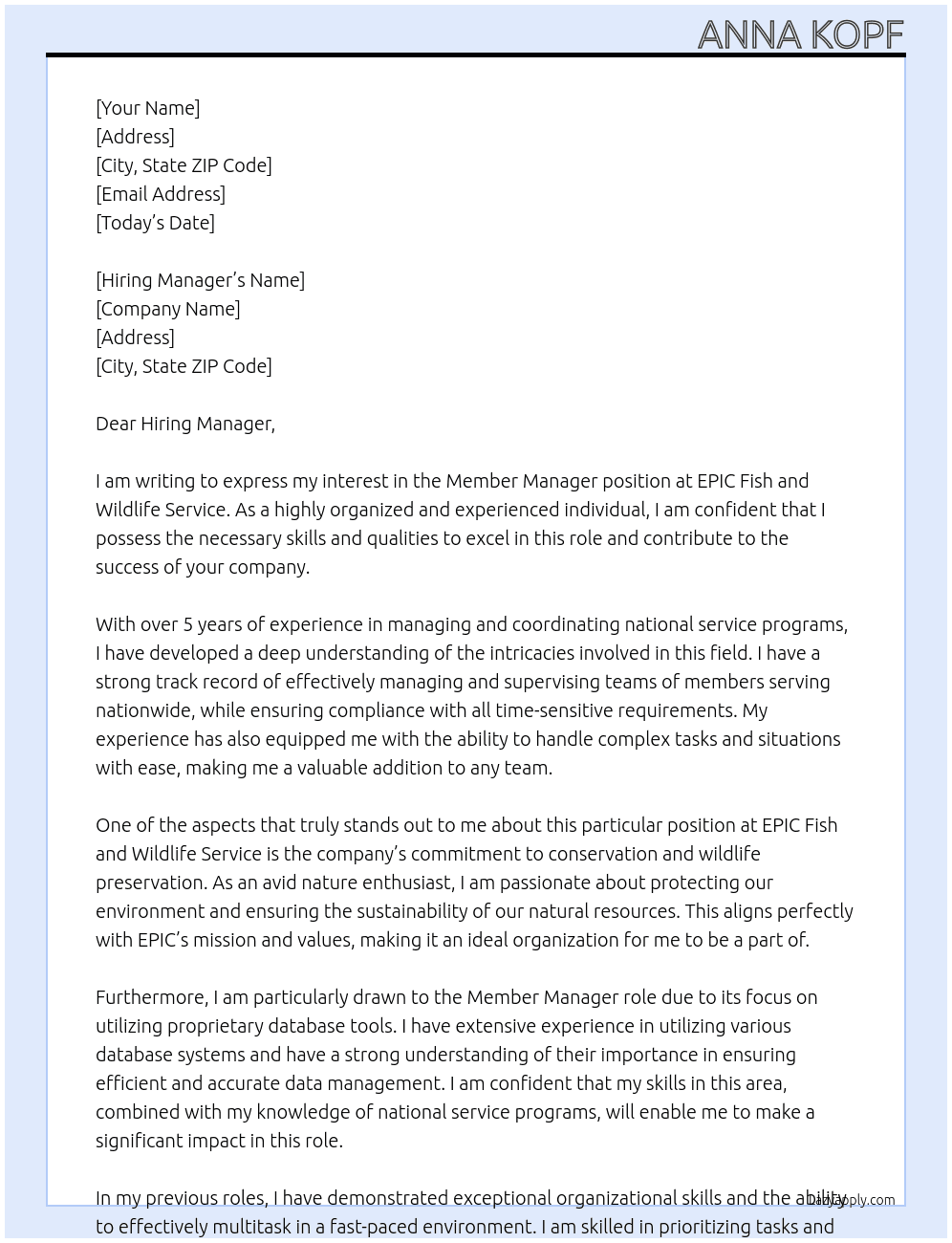 Member Manager At EPIC Fish and Wildlife Service Cover Letter