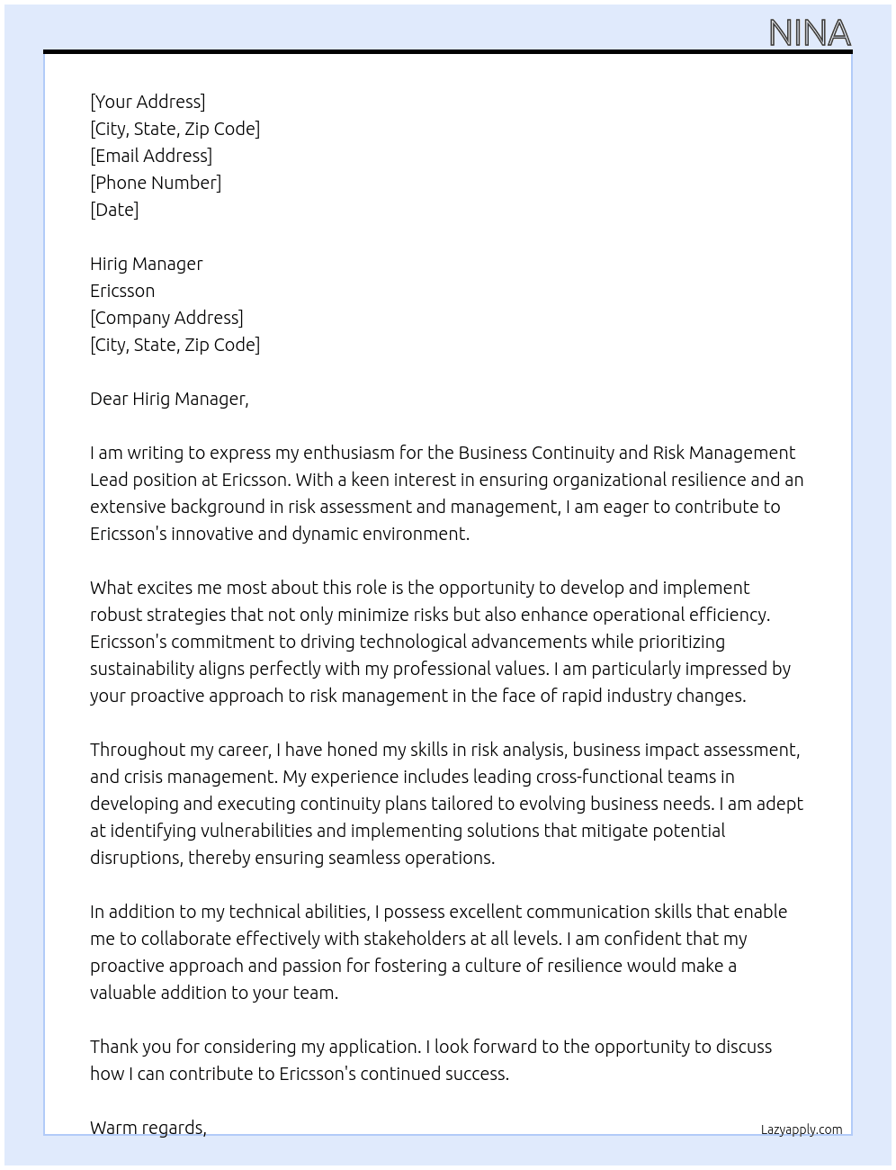 Cover letter for business continuity and risk management lead - LazyApply