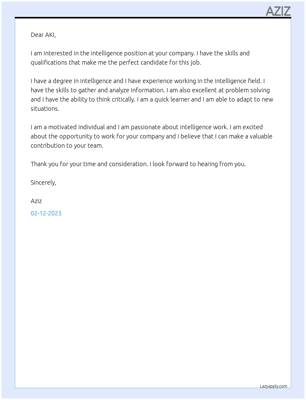 Cover letter for intellegence - LazyApply