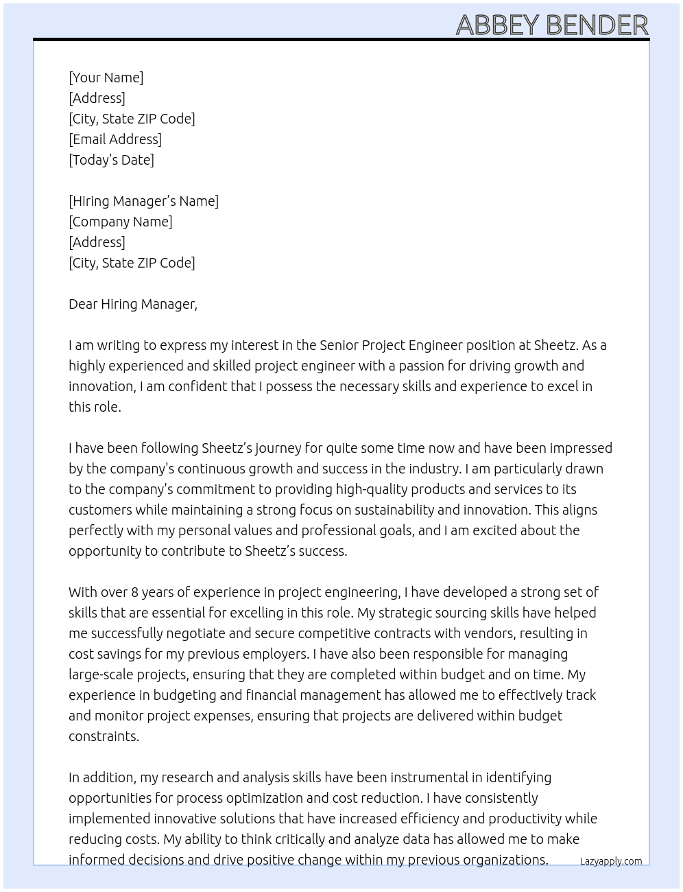 Senior Project Engineer At Sheetz Cover Letter