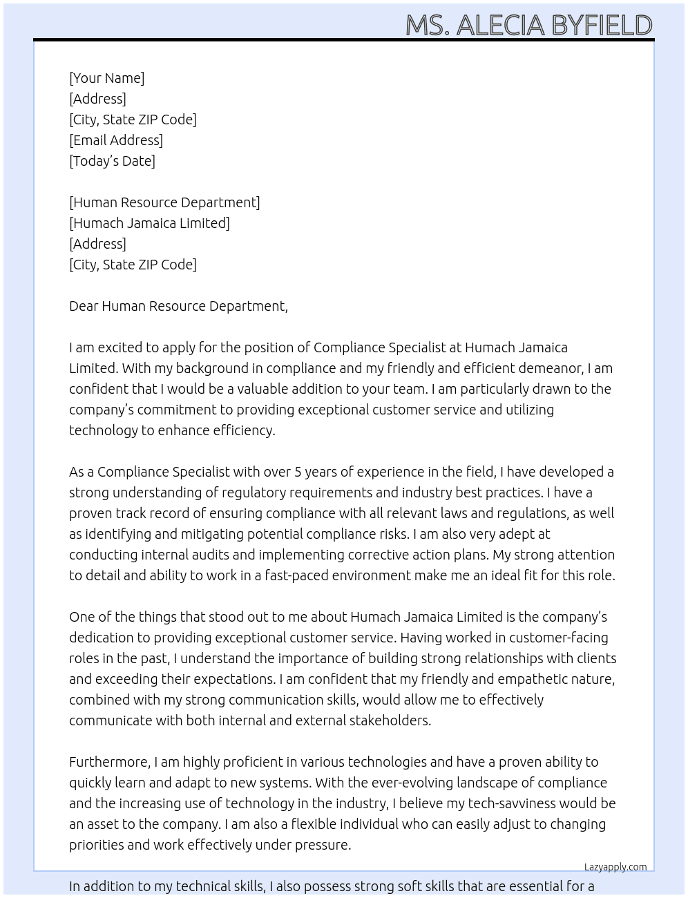 Compliance Specialist At Humach Jamaica Limited Cover Letter