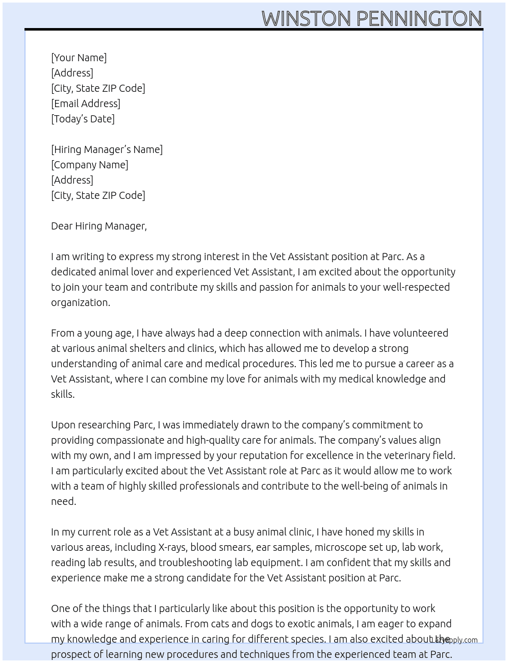 Vet Assistant At Parc Cover Letter