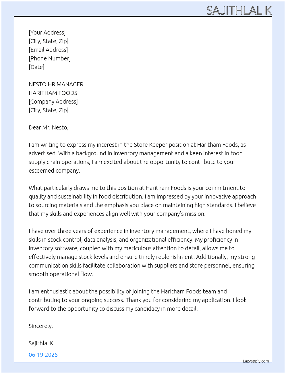 STORE KEEPER  At HARITHAM FOODS Cover Letter