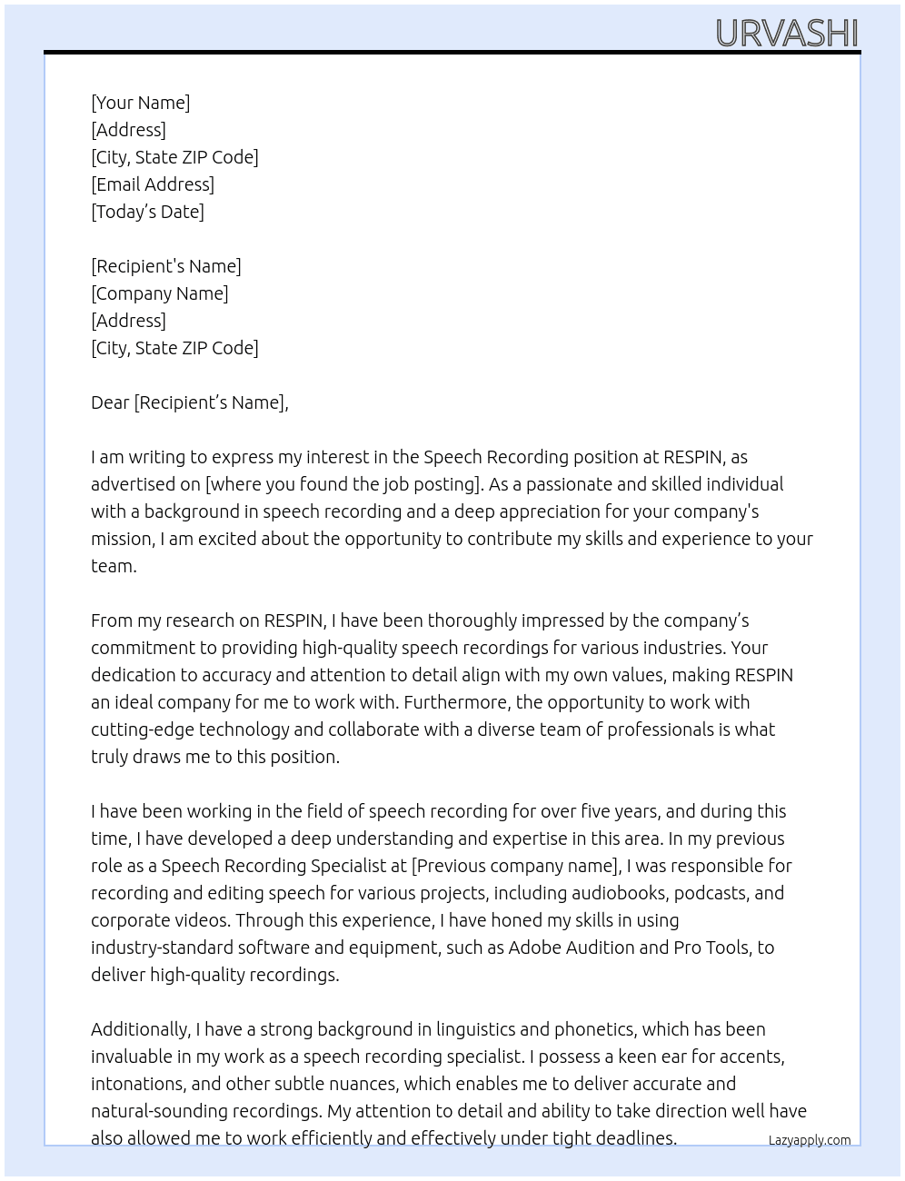 Cover letter for speech recording - LazyApply