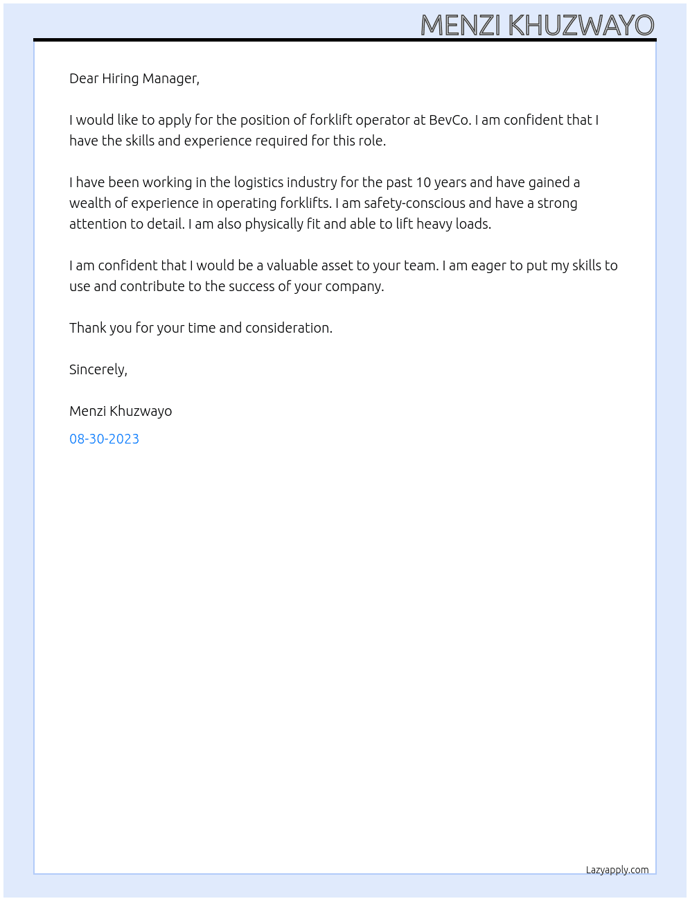 Forklift operator At BevCo Cover Letter