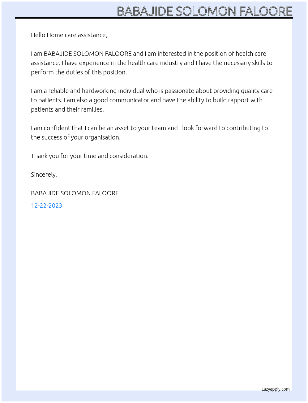 health care assistance  At Home care assistance Cover Letter