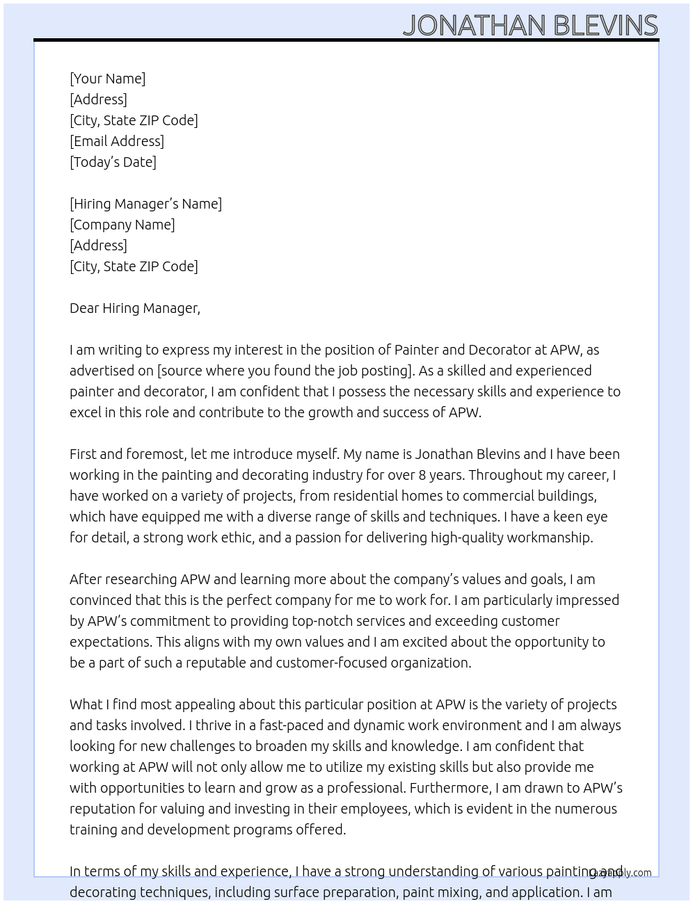 painter and decorator At APW Cover Letter