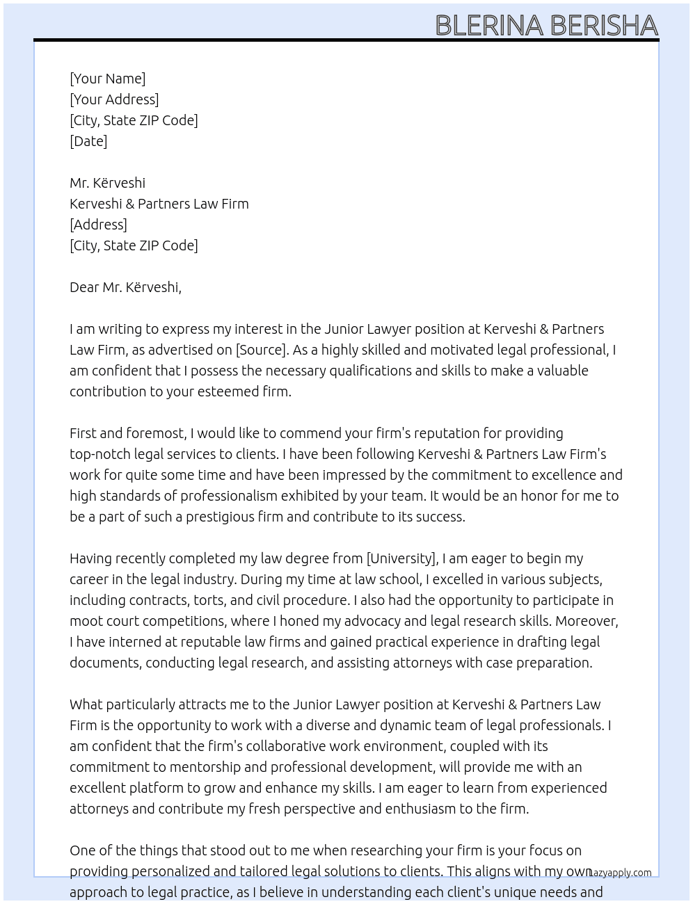 Junior Lawyer  At Kerveshi & Partners law firm Cover Letter