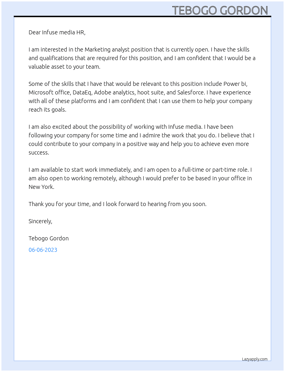 Marketing analyst  At Infuse media Cover Letter