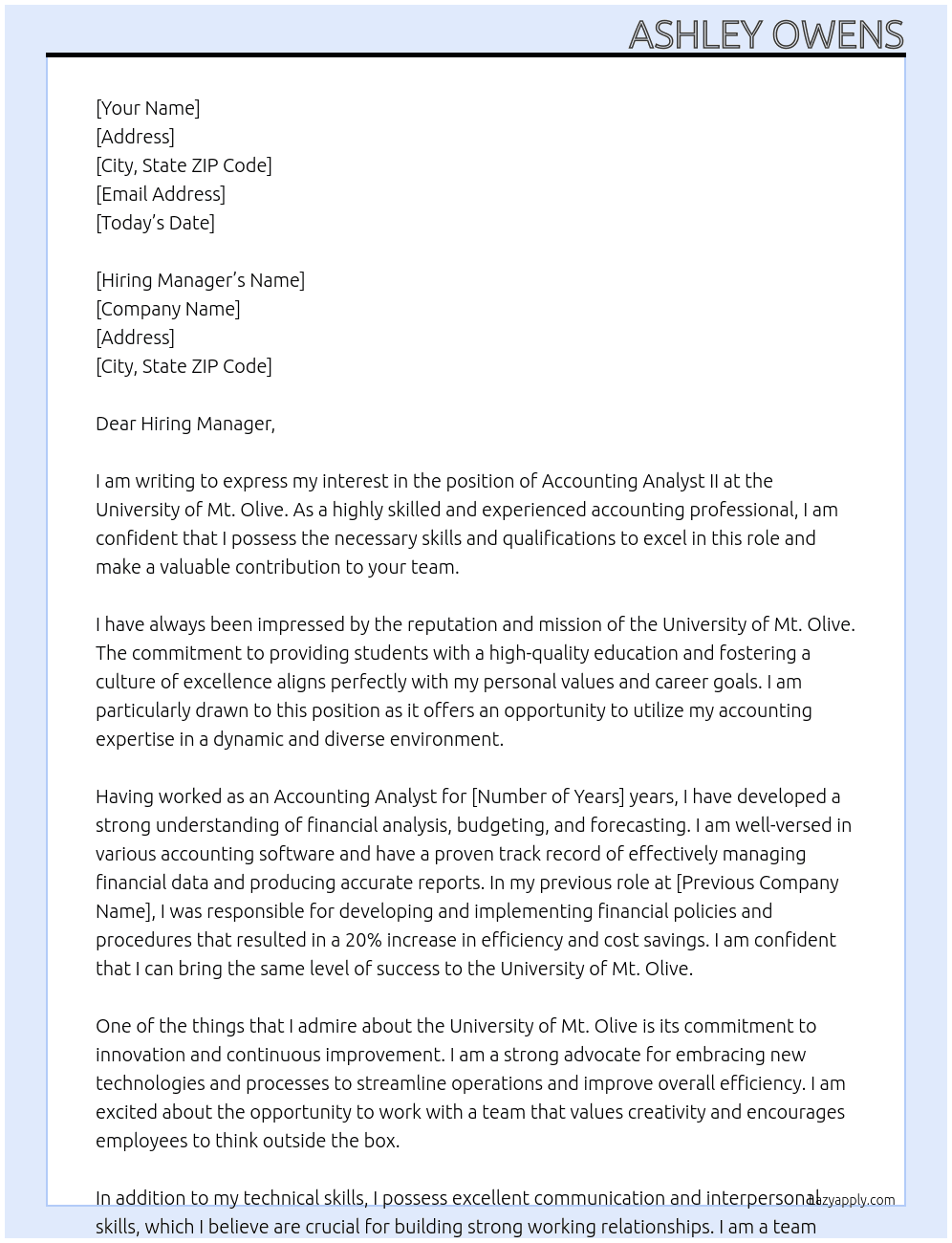 Accounting Analyst II At University of Mt. Olive Cover Letter