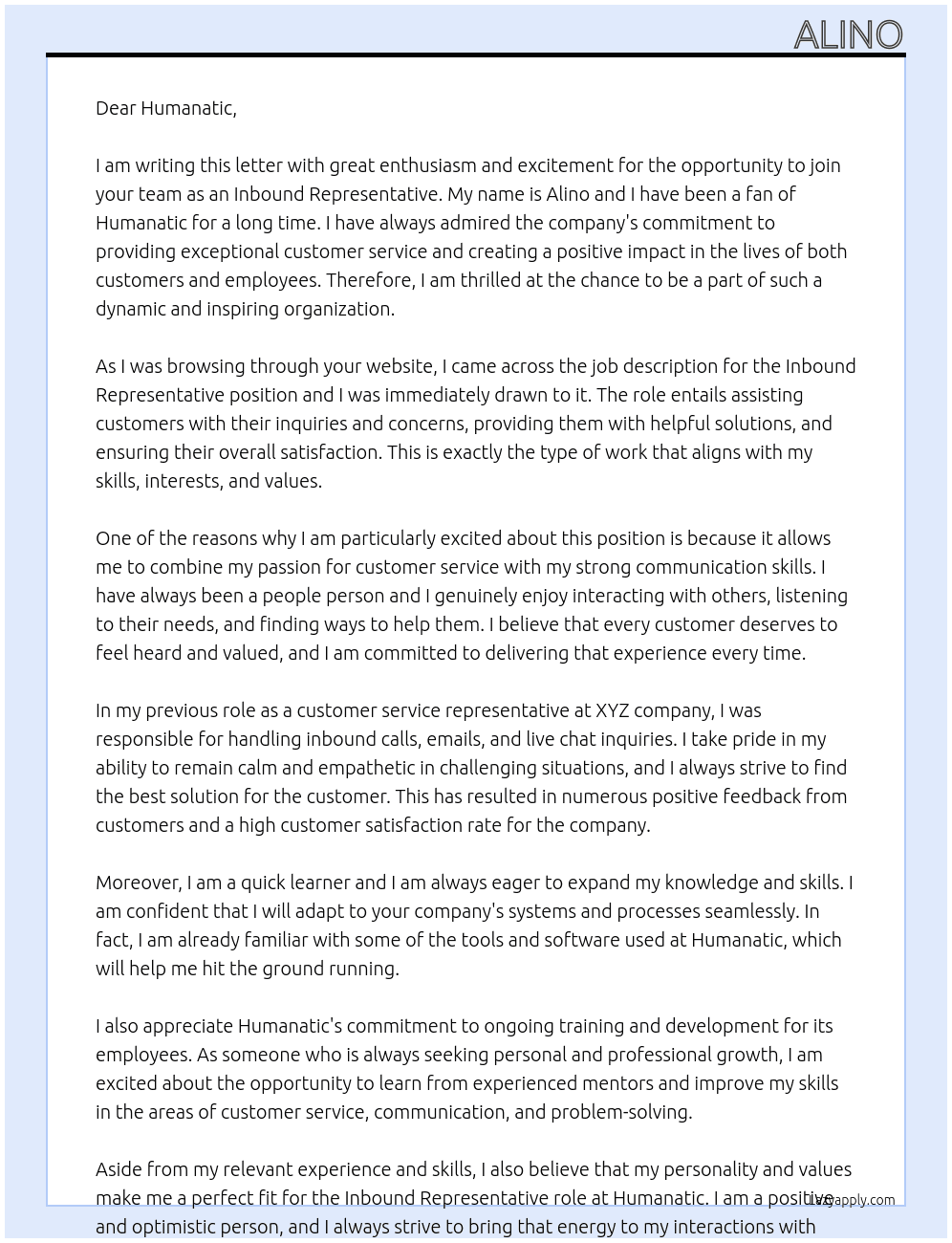 inbound At humanatic Cover Letter