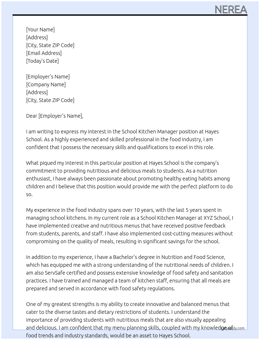 School kitchen manager At Hayes school Cover Letter