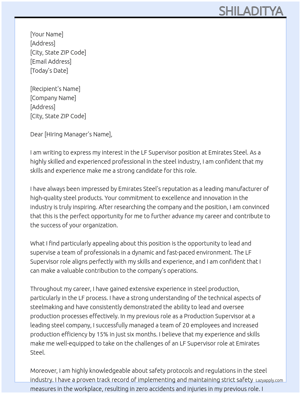 LF SPERISOR At Emirates Steel Cover Letter