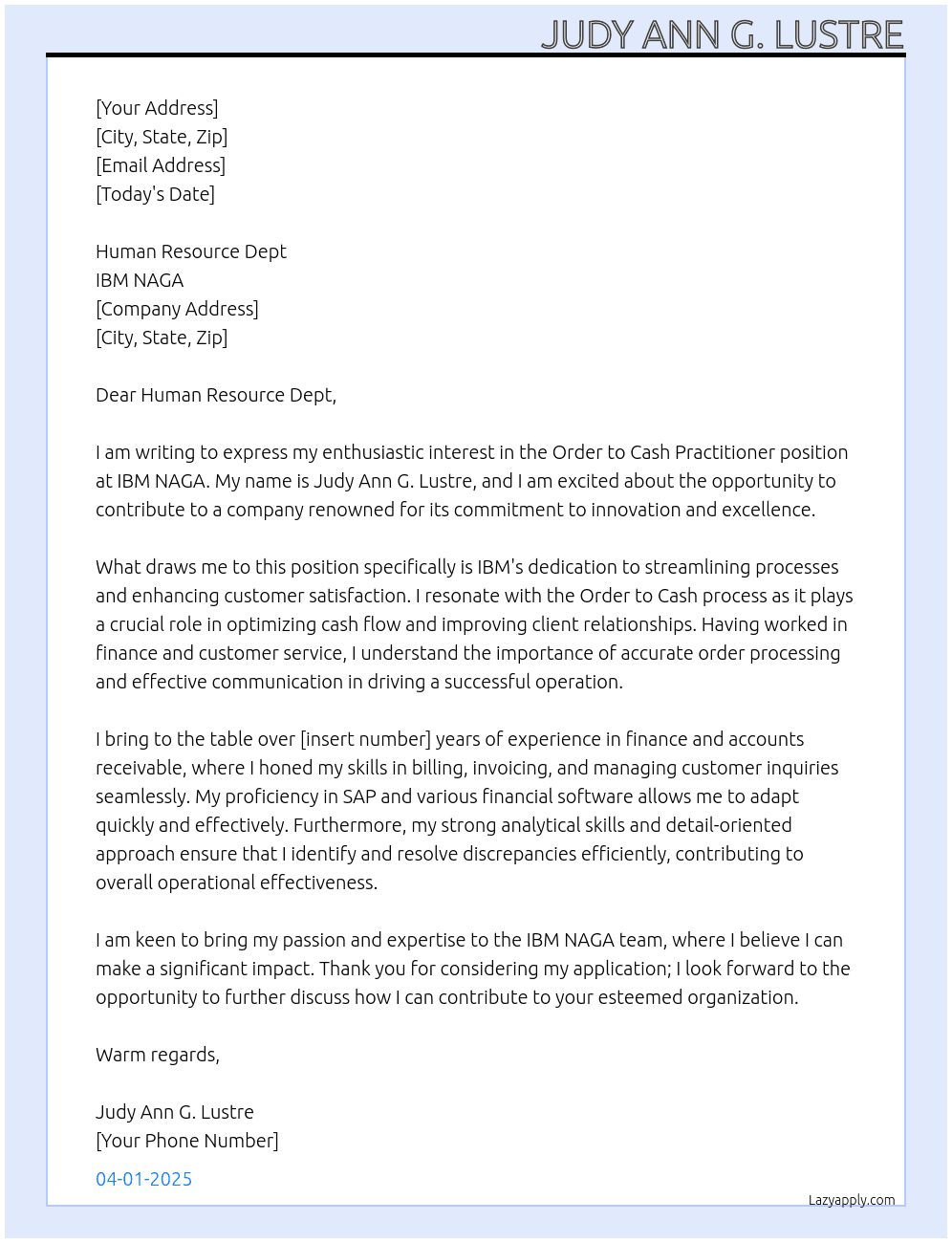 Cover letter for order to cash practitioner - LazyApply