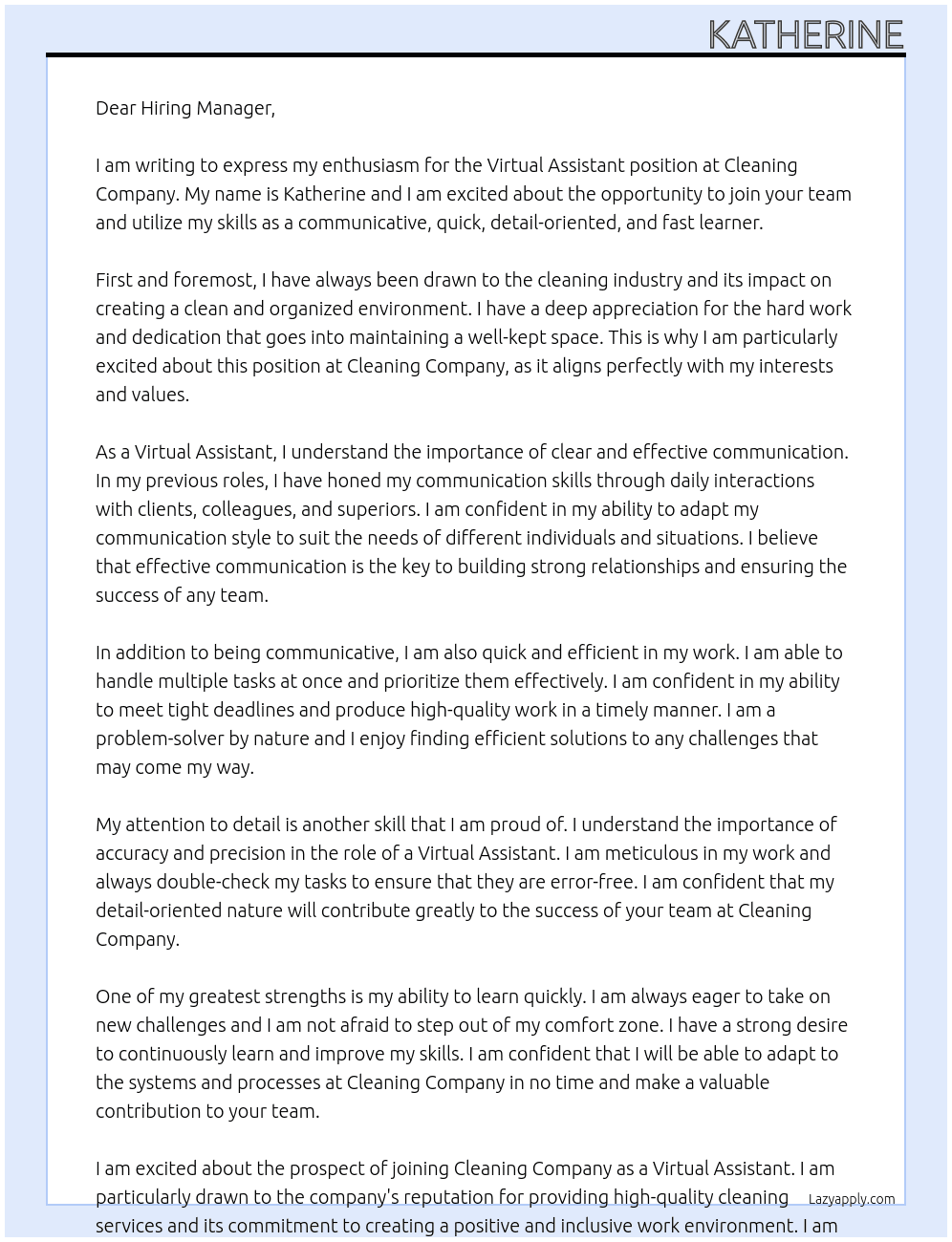 Virtual Assitant At Cleaning Company Cover Letter