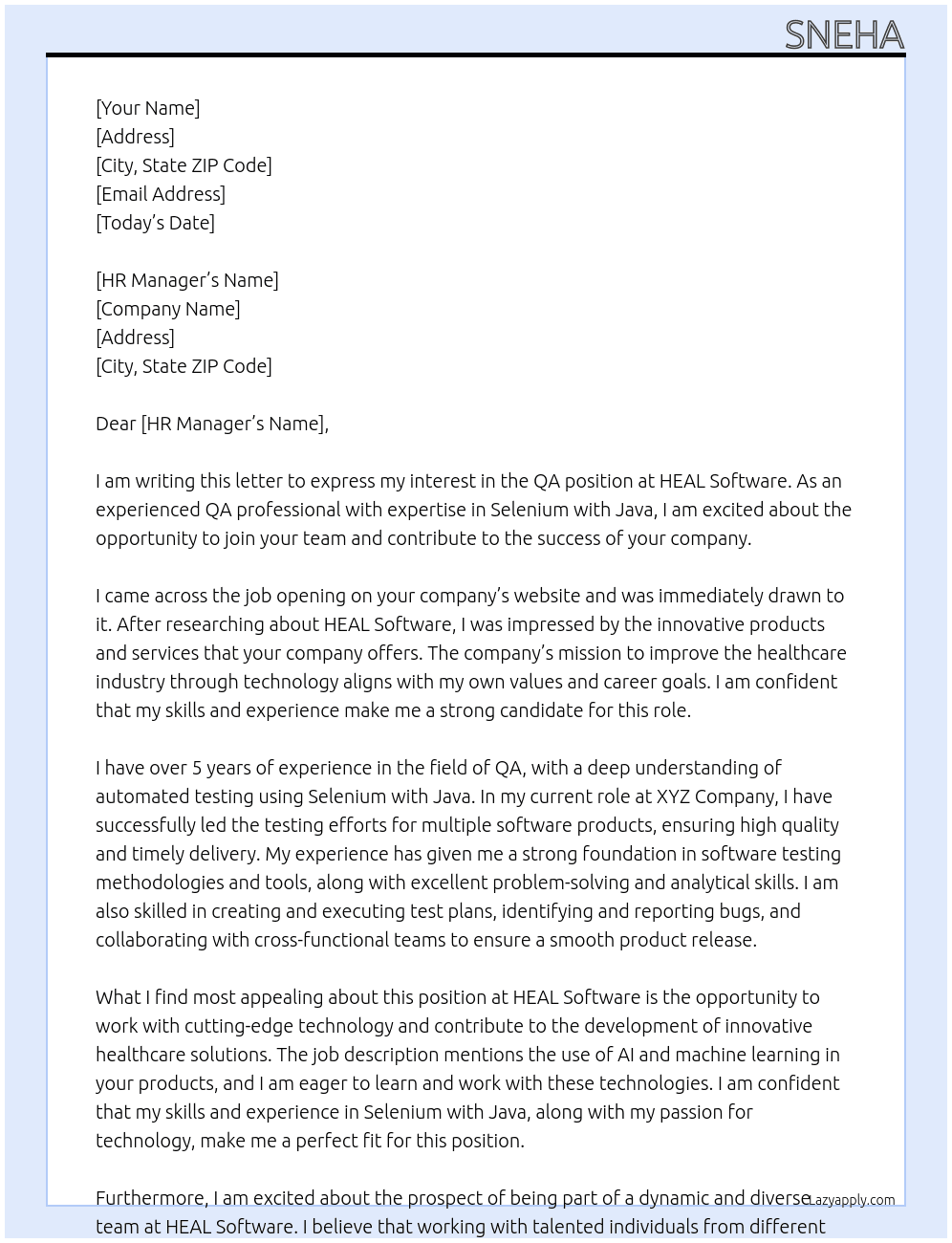 QA At HEAL Software Cover Letter